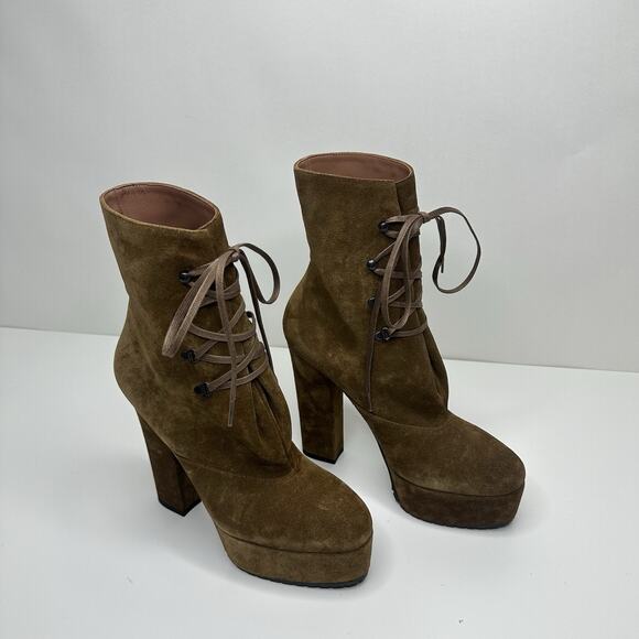 Alaia Trekk 39.5/ US 9.5 Booties Brown Suede Leather Lace Up Platform Heel Boots - Picture 5 of 15
